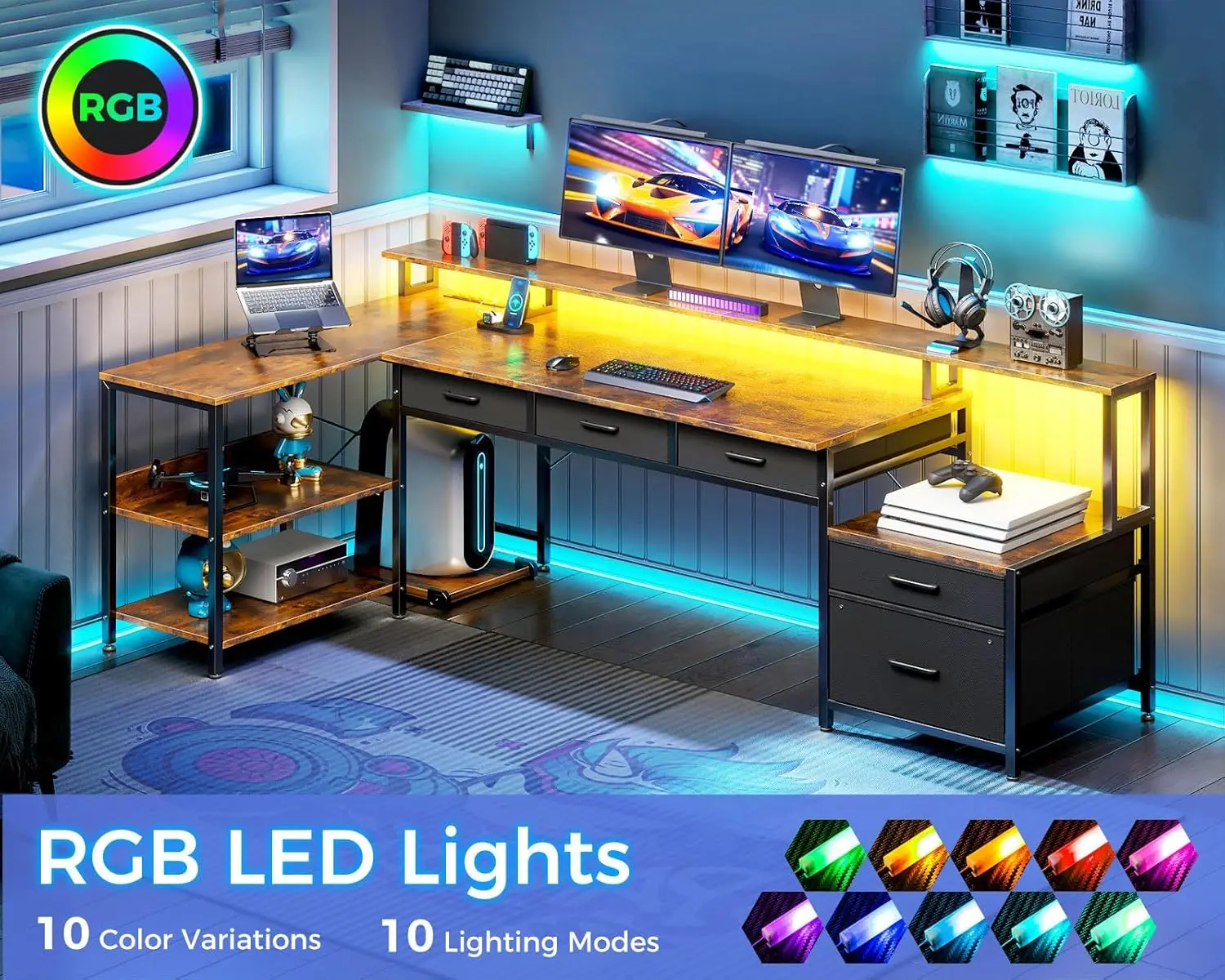 مكتب على شكل حرف L مع 5 أدراج، مكتب كمبيوتر قابل للعكس مقاس 75 بوصة، مخرج طاقة، شريط LED، رف شاشة، أرفف تخزين، مكتب ألعاب