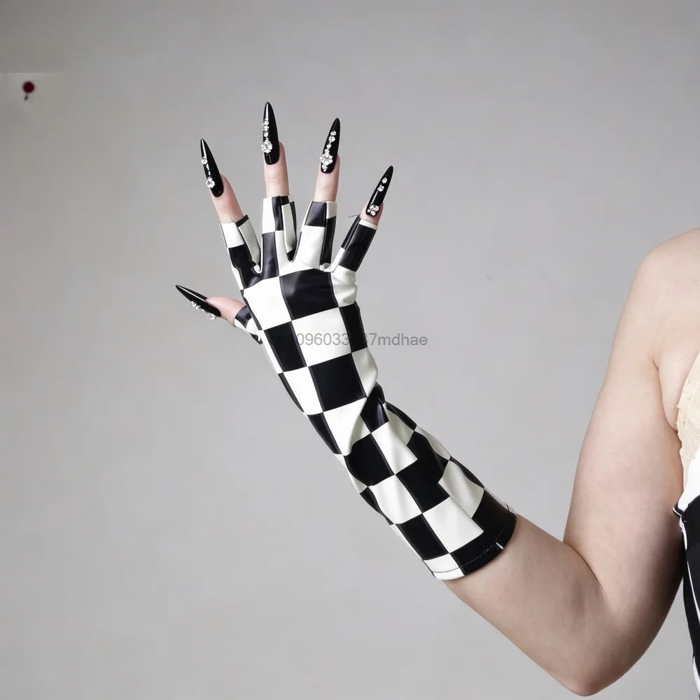 Mid‑Length Fingerless Bright Colors Leather Gloves Halloween Carnival Stage Show Cosplay Costume Checkered Glove Accessory Props