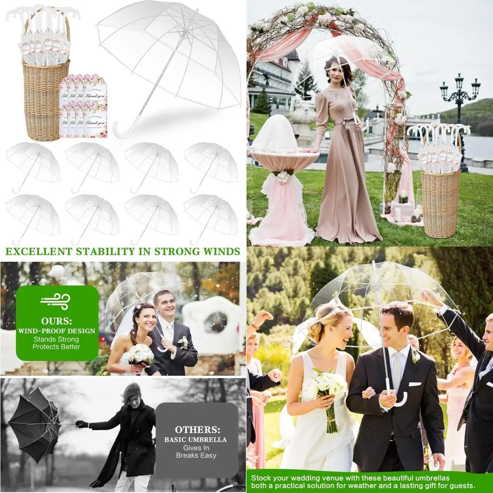 Ombrelli da matrimonio trasparenti sfusi con manici per bastoncini, bomboniere per ospiti, biglietti di ringraziamento e corda: ideali per matrimoni e regali all'aperto