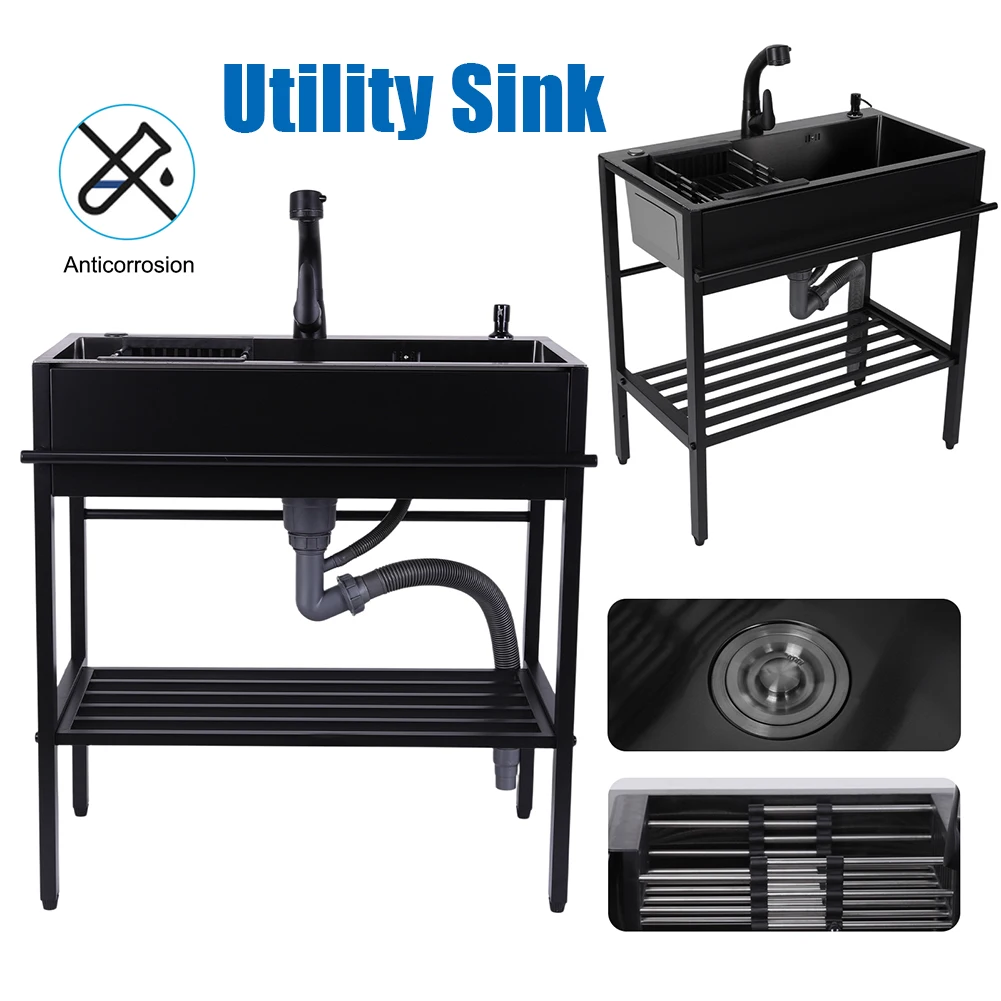 

Kitchen Clean Sink Large Single Bowl Cup Washer Pure Tap Soap Dispenser 304 Stainless Steel for Bathrooms Garage Laundry Room