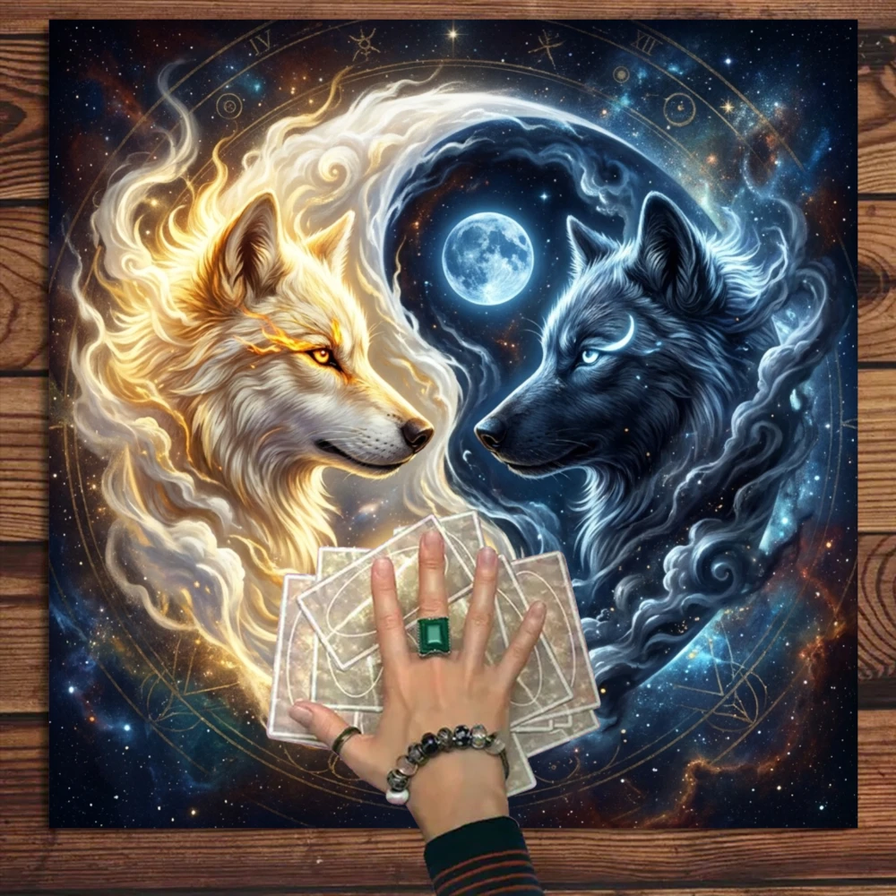 1pc Ink‑Style Party Tablecloth, Two‑Wolf Yin‑Yang Pattern, Black‑white Gradient, Moonlight, Stars and Firefly Print, for Tarot