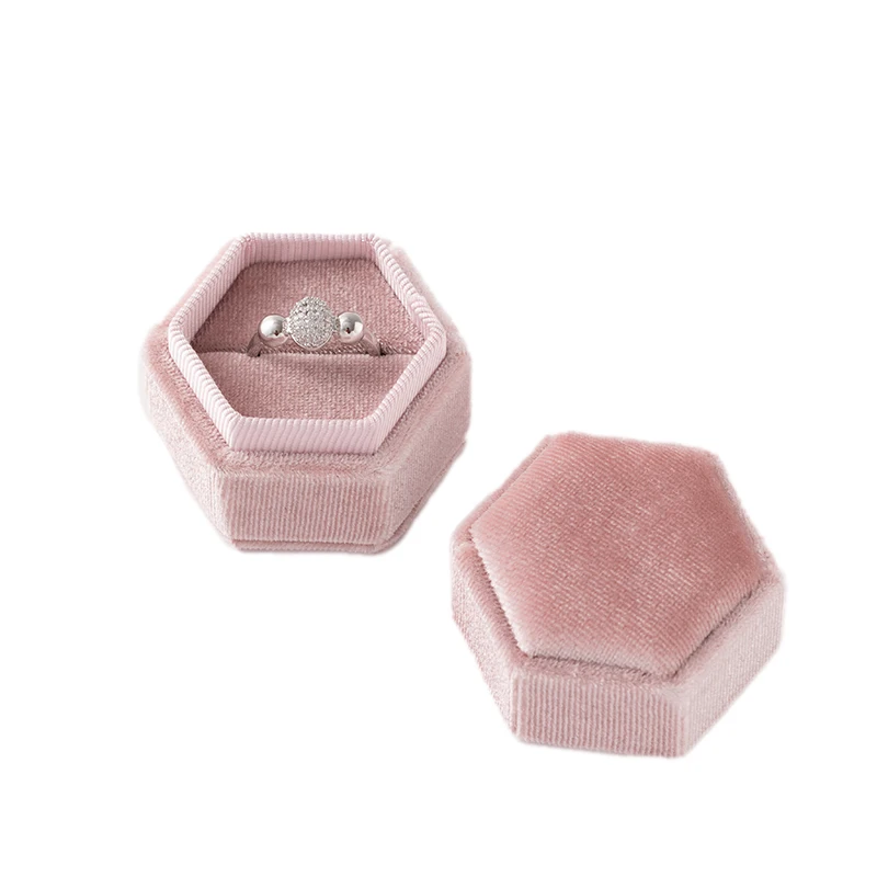 Vintage Hexagon Velvet Ring Box With Detachable Lid Jewelry Case Earring Organizer Storage Proposal Engagement Wedding Display
