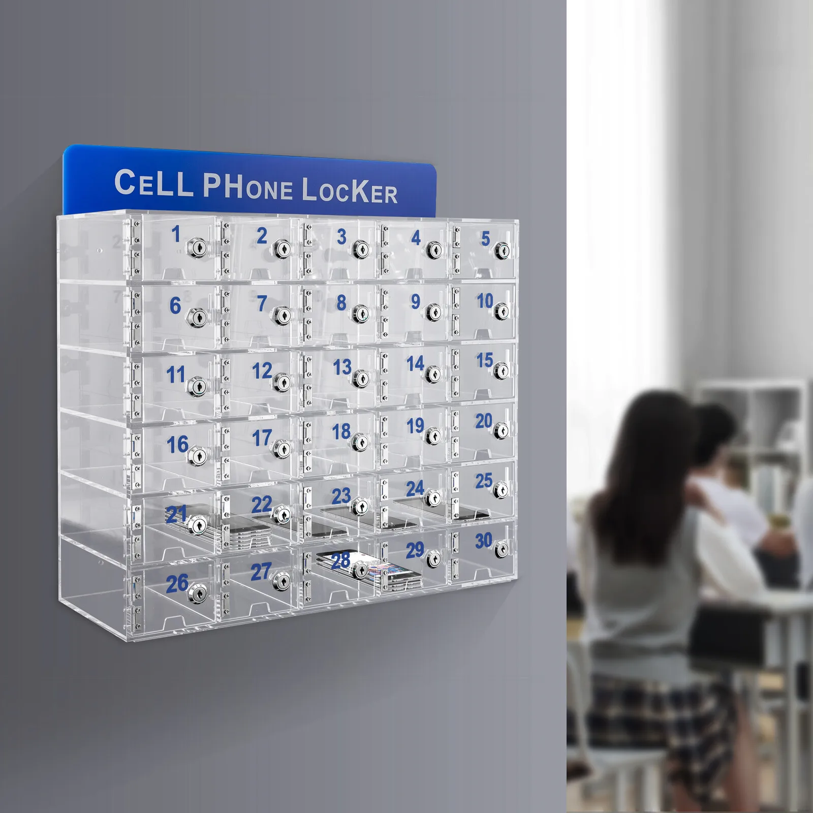 

30-Slot Acrylic Phone Locker Box with Locks, Clear Mobile Device Storage Organizer for Classroom, Office and Gym
