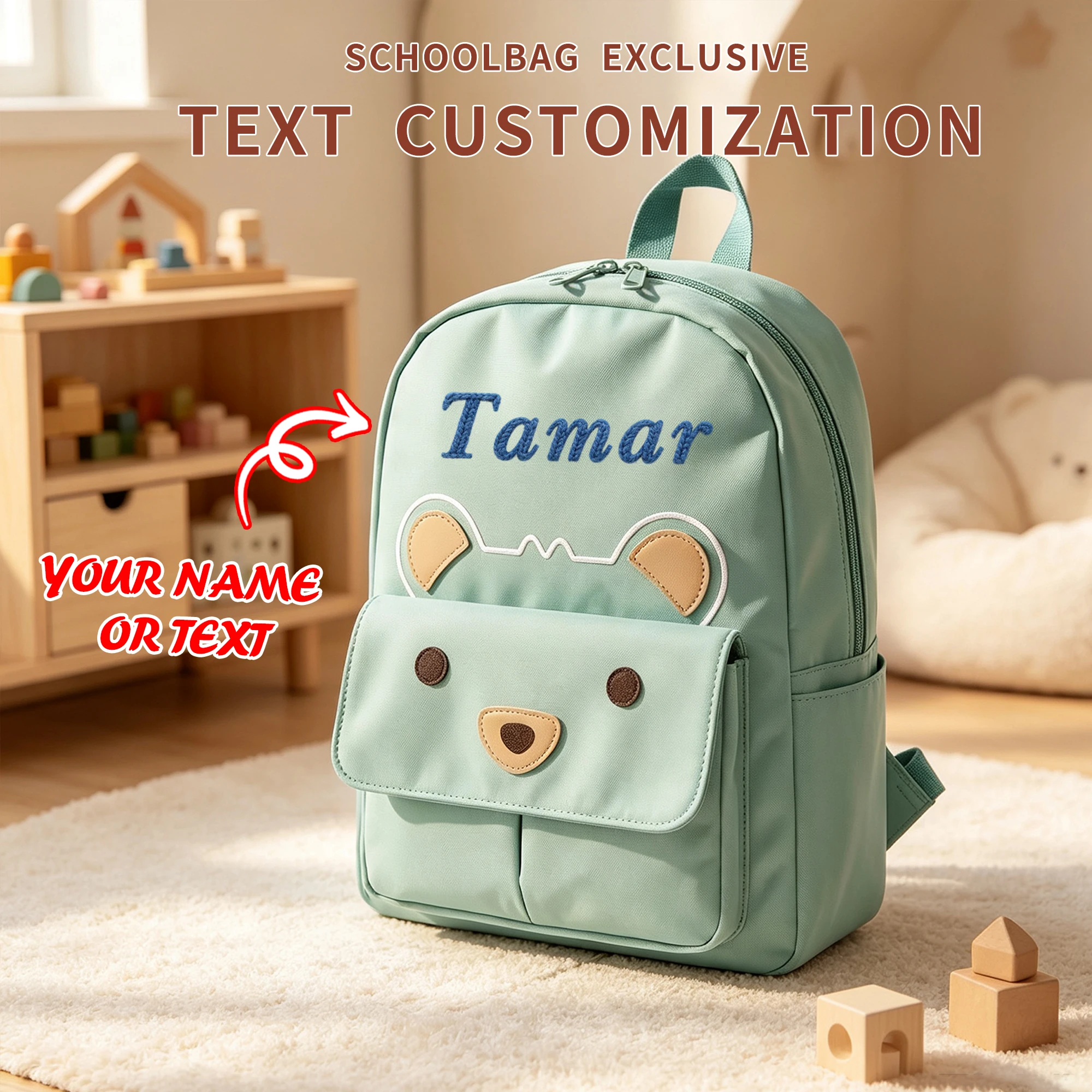 Customized Name Toddler Backpack - Cartoon Bear Corduroy Bag Large Capacity Embroidered Plush Kids Bag