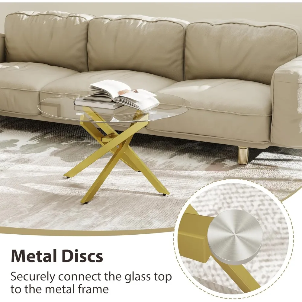 Modern Geometric Gold Frame Round Coffee Table, Minimalist Decorative Glass Top for Contemporary Living Spaces