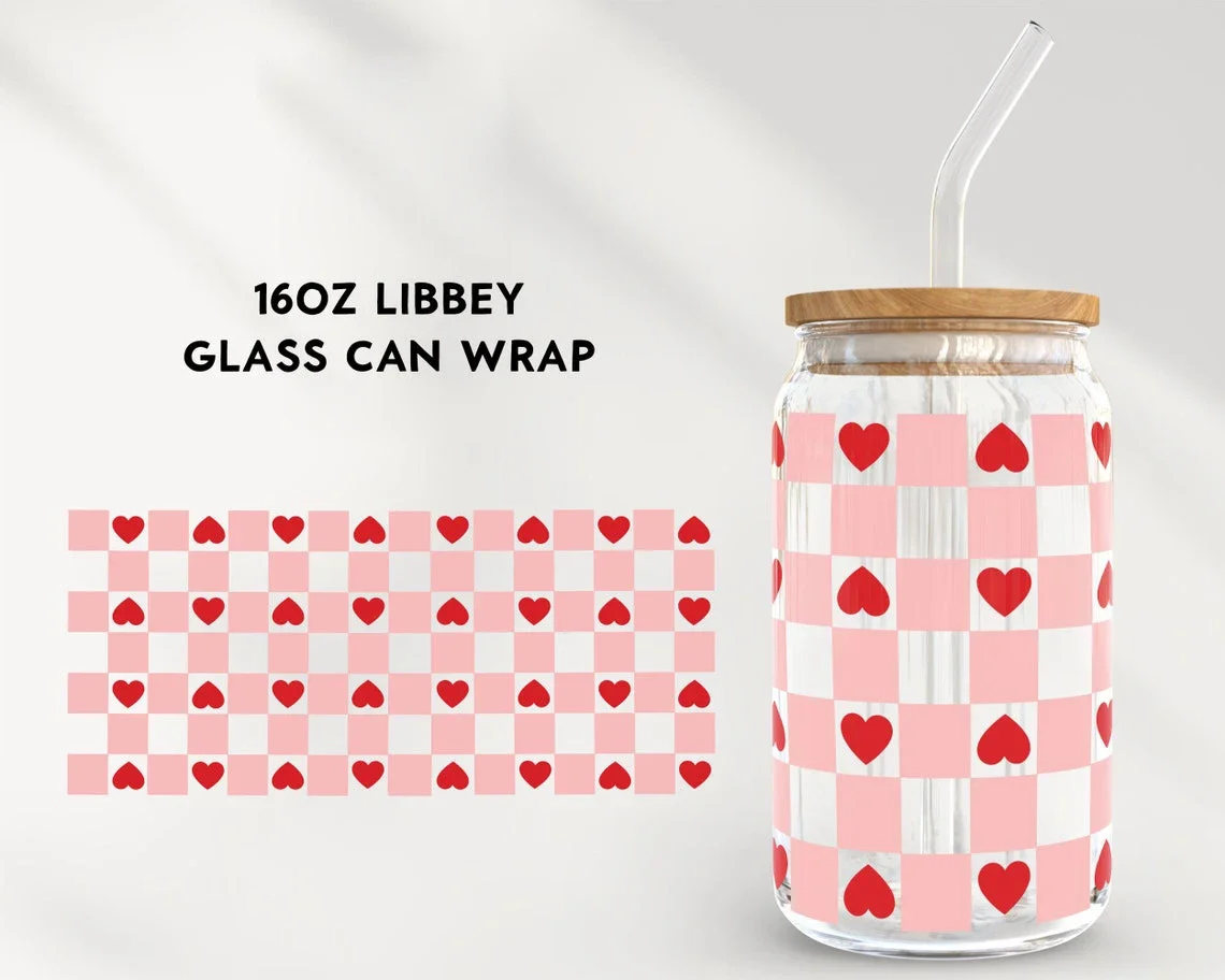 

Valentine For Libbey 16oz Can Glass Checkered Heart UV DTF Coffee Can Wrap Libbey Glass Wrap