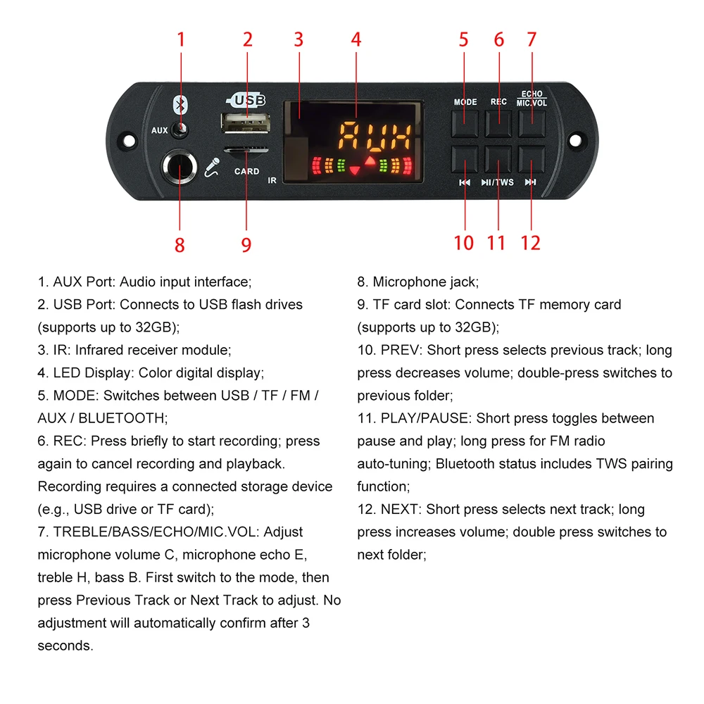 MP3 Bluetooth Decoding Board with BT 5.3 for Car Audio Lossless Music TWS Function and Recording Support