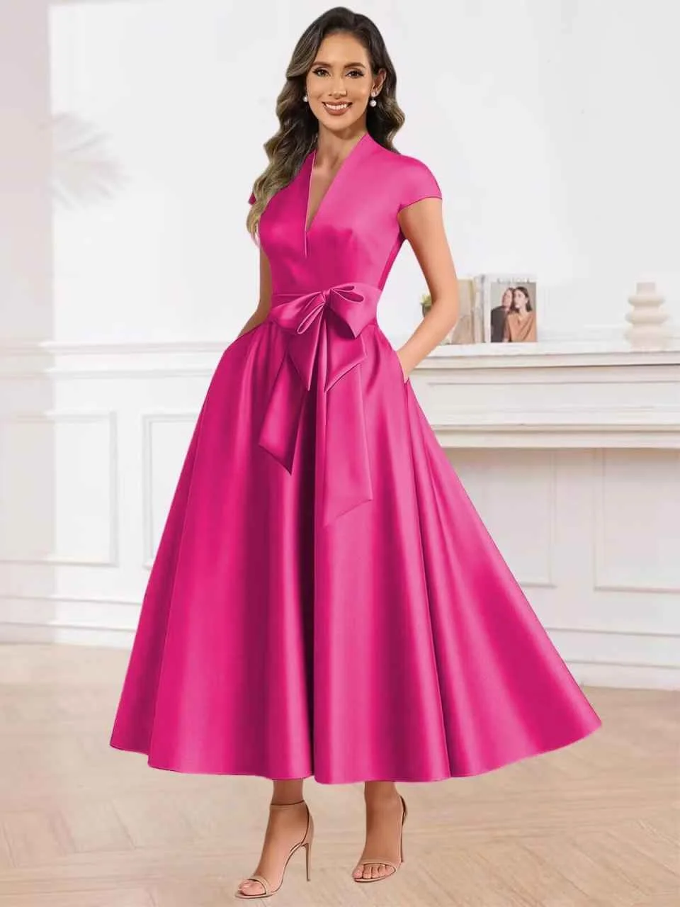 

Formal Party Evening Dress Cap Sleeve Crystal Bow Ankle Length A Line Wedding Guest Gown Mother of The Bride Dress Customized