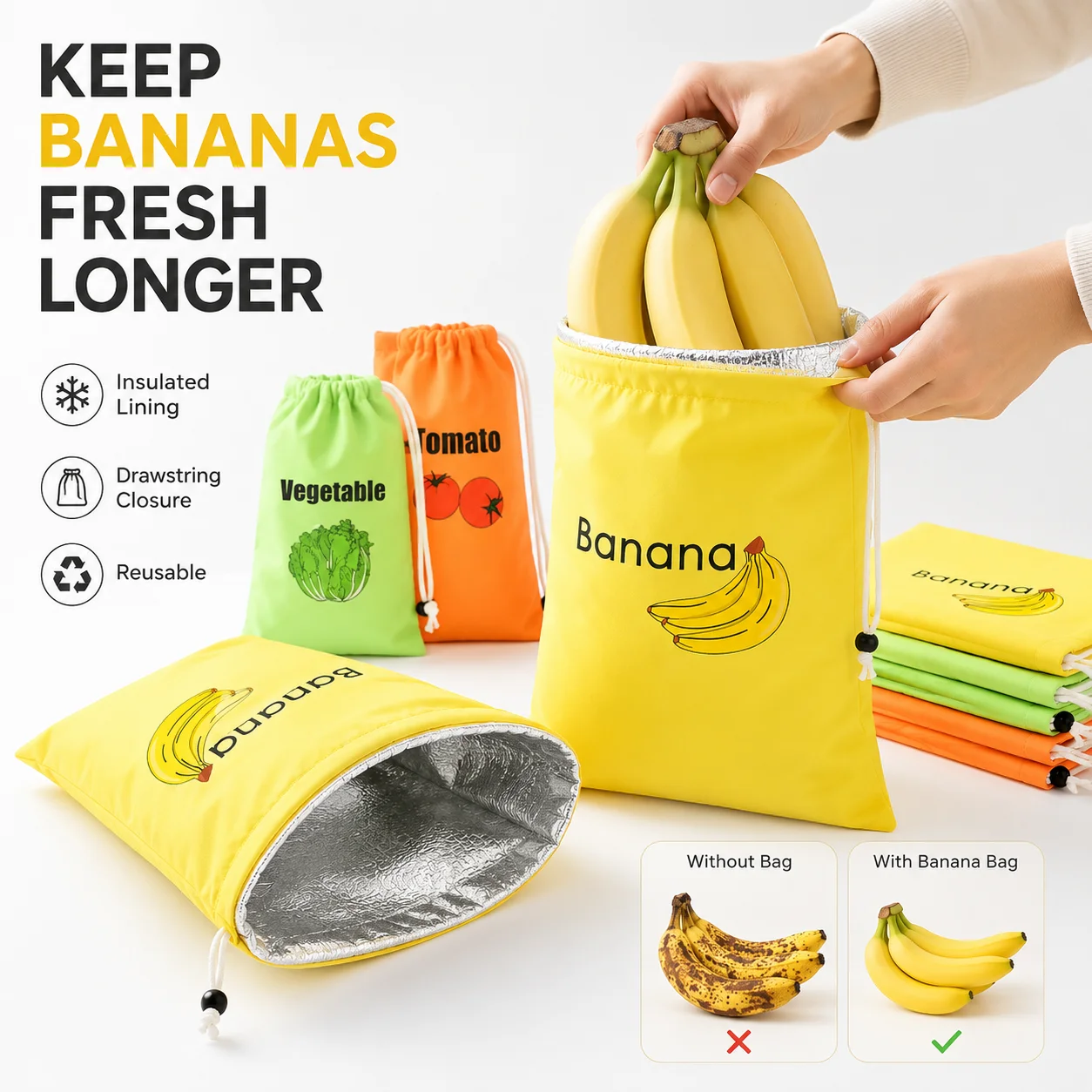 Cesto Organizador Térmico Reutilizável com Cordão para Conservar Frutas e Vegetais Frescos (Banana, Alface, Legumes) - Conjunto para Uso na Cozinha