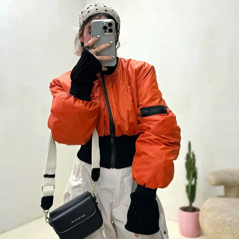 

Women's Patchwork Short Cotton Clothes Autumn Winter Loose Long Sleeve Street Zipper Pocket Jacket Casual Warm Jacket