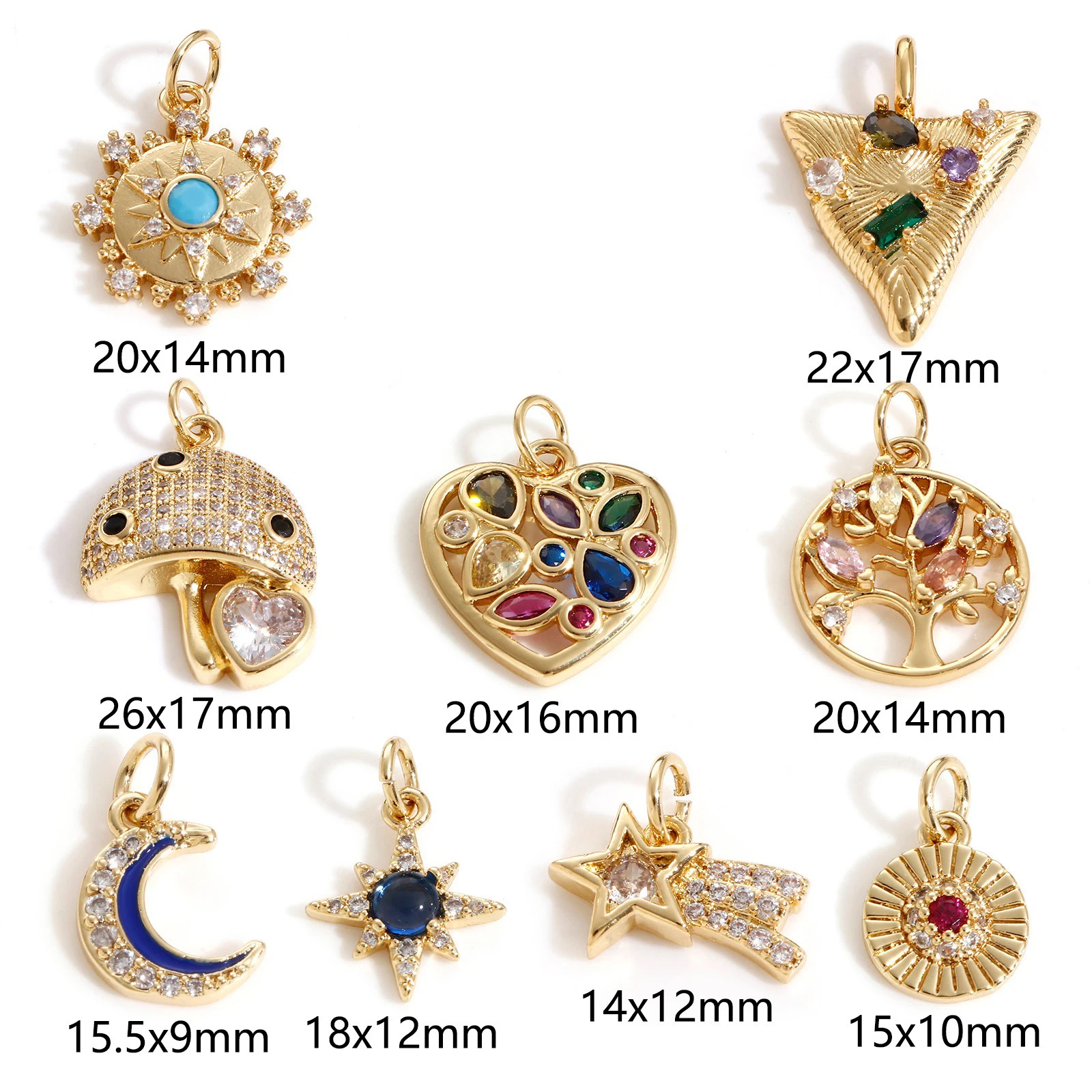 1pc Copper Charms Gold Color Geometric Star Moon Heart Multicolor Rhinestone Pendant DIY Necklace Bracelets Women Party Jewelry