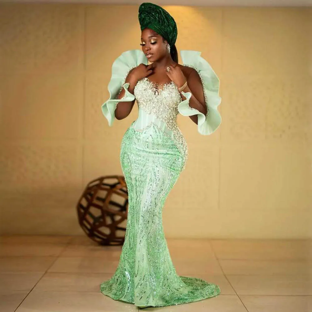 Nigerian Green Aso Ebi Evening Dresses WIth Ruffles Long Sleeves Lace Wedding Bridal Dress African Formal Plus Size Prom Dress