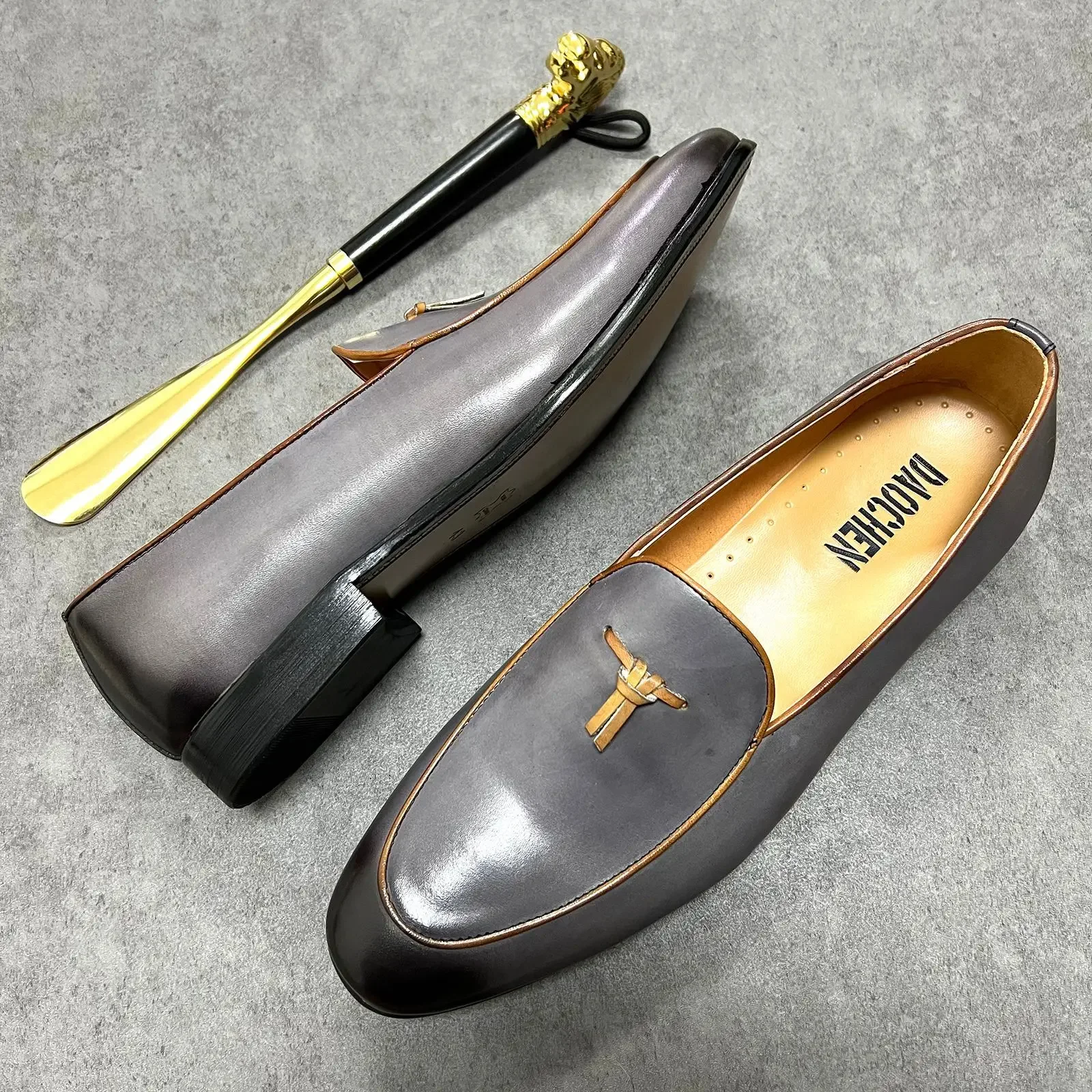 ITALIAN MEN LOAFERS SHOES GRAY HANDMADE SLIP ON TASSEL LOAFERS WEDDING OFFICE SHOES REAL LEATHER CASUAL DRESS MEN SHOES