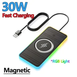 30W Magnetic Car Wireless Charger Pad RGB Light Non-Slip Car Charger for iPhone 15 14 13 X Samsung Xiaomi Airprods Fast Charging
