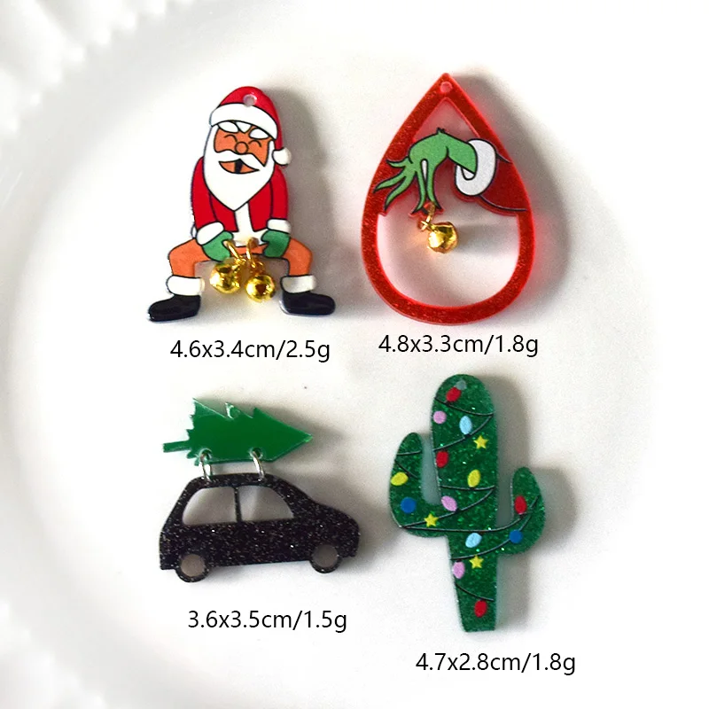 8pcs/Set Funny Santa Claus Bell Christmas Charms Acrylic Cactus Earring Pendant Diy For New Year Jewelry Making