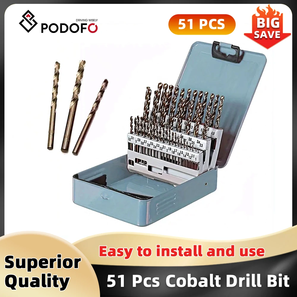 Podofo 51PCs Set di punte da trapano in cobalto 1-6mm M35 per foratura di metalli in legno di