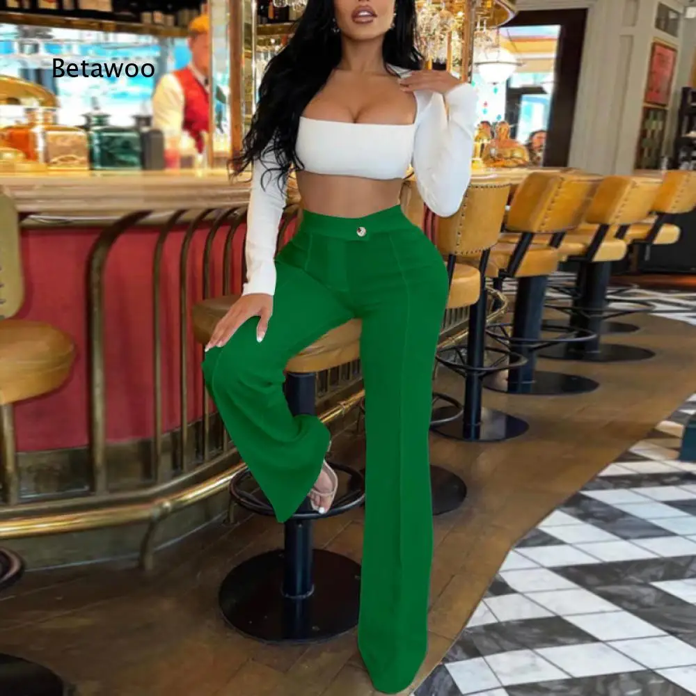 Women Slim Fit Stretch Long Pants High Waist Button Closure Front Seam Flared Trousers For Fashion Daily Going Out Occasions