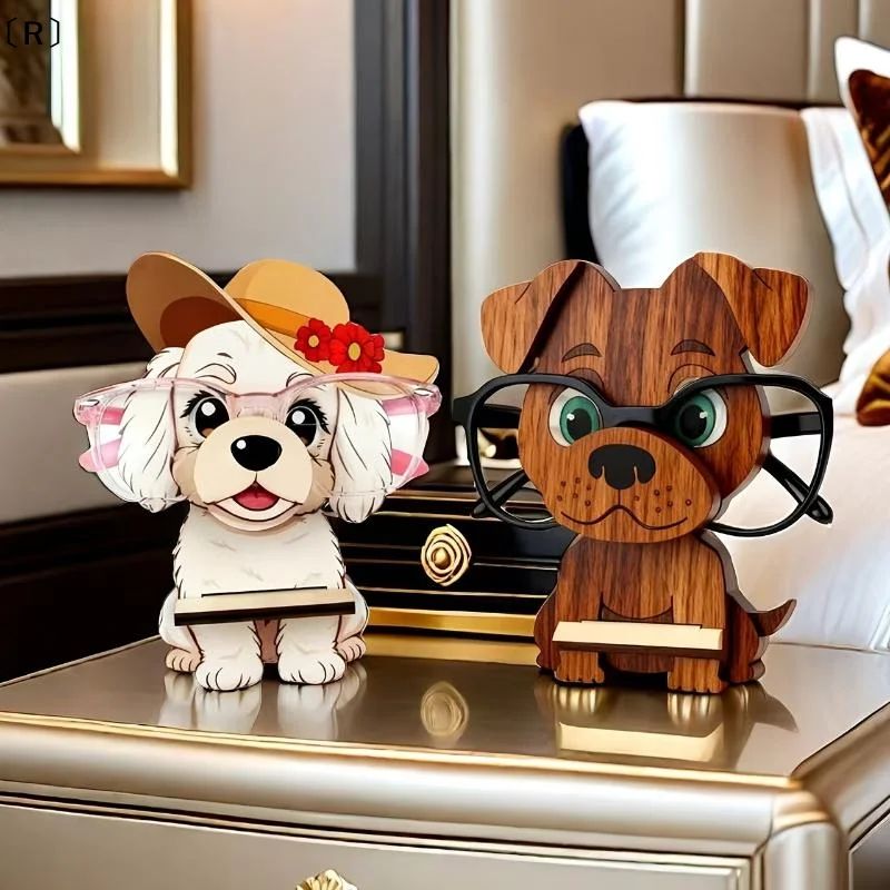 〔R〕Fun Cartoon Wooden Dog Glasses Holder Storage Rack, Creative Desktop Craft Glasses Display Stand, Home And Office Decoration.