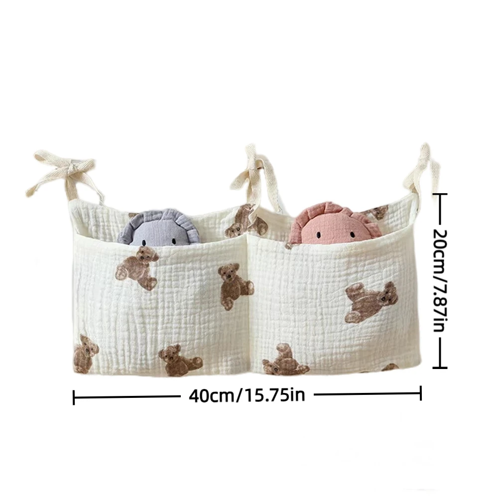 TDHD Baby Crib Hanging Bag, Horizontal Double Pockets, White Printed Soft Fabric, Non-slip Strap, Stores Diapers & Small Items