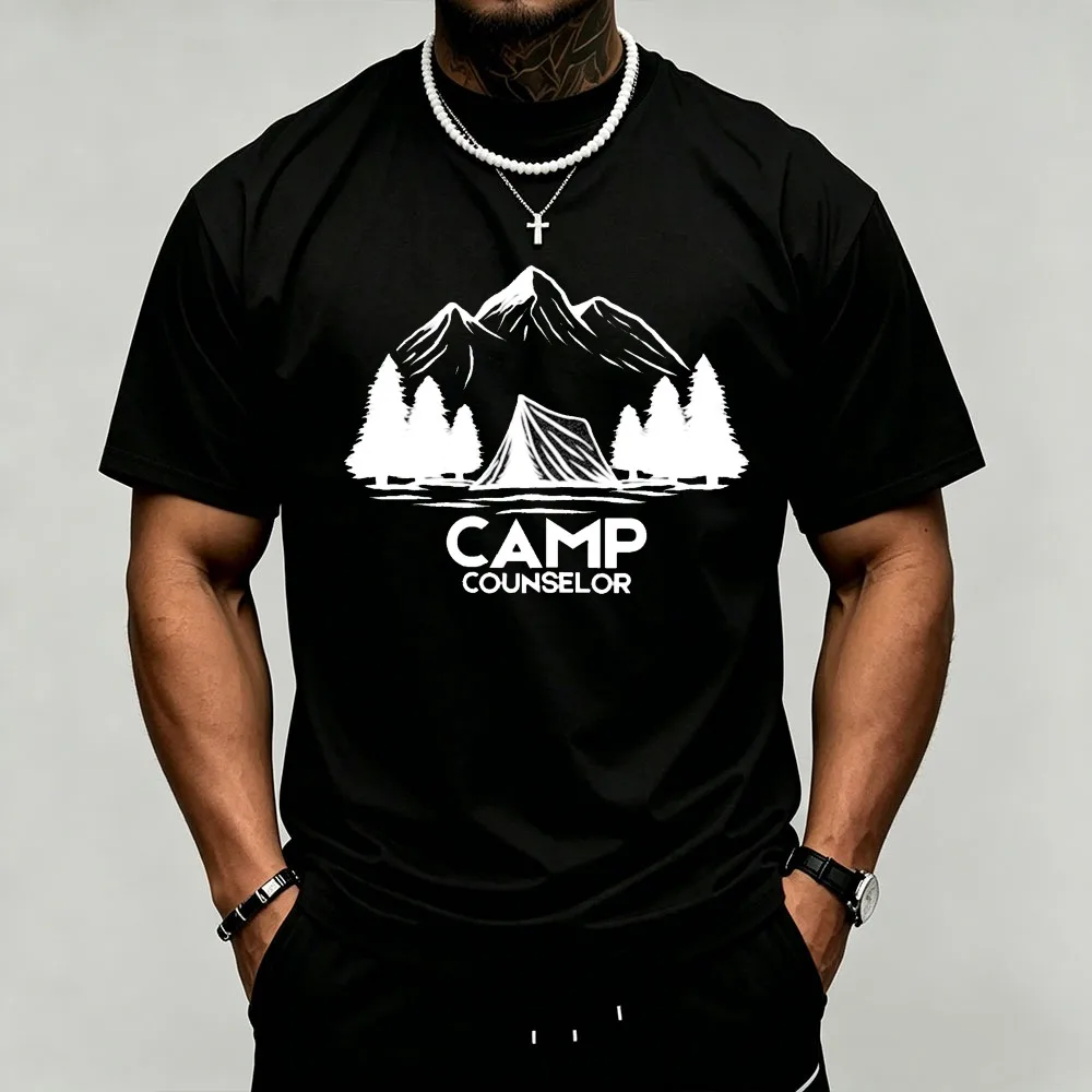 Minimalist Retro Camp Counselor Mountain Tent Pine Tree Graphic Men's T-Shirt Outdoor Adventure Tee for Camping Staff Daily Wear