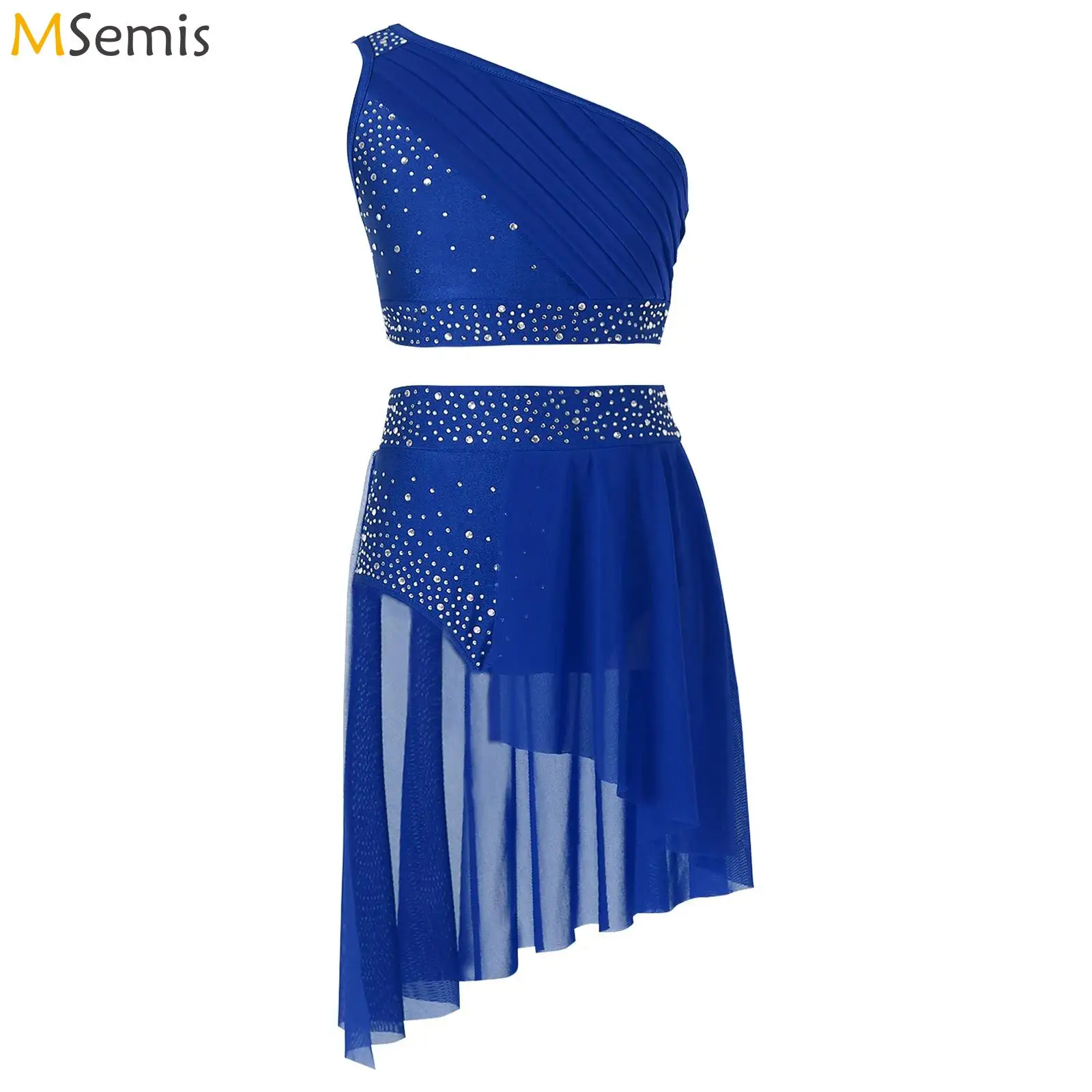 

Детский Лирический костюм для танцев и представлений для девочек, Блестящий верх с оборками и сеткой на одно плечо, короткий топ с плиссированными трусиками