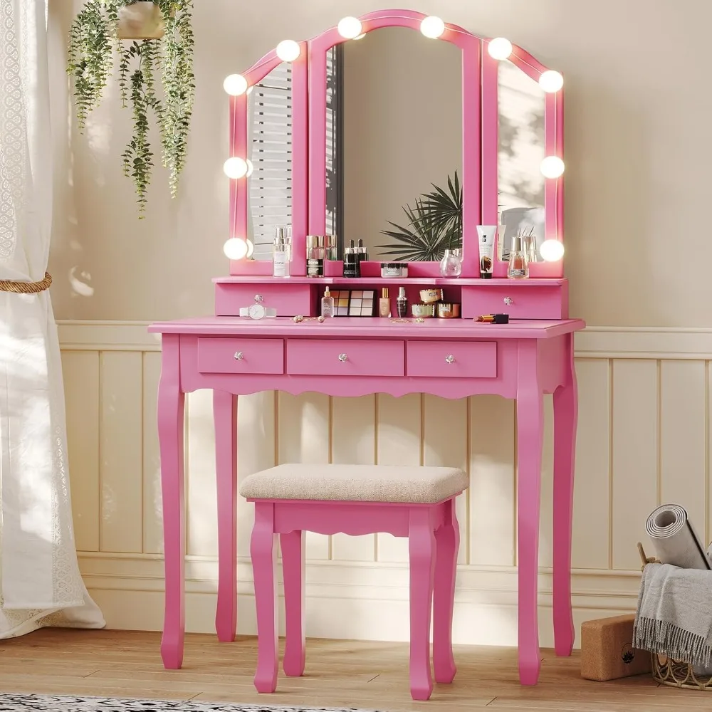 

Vanity Desk with Tri-Fold Mirror and Lights, Makeup Vanity with Wood Upholstered Stool, Vanity Table