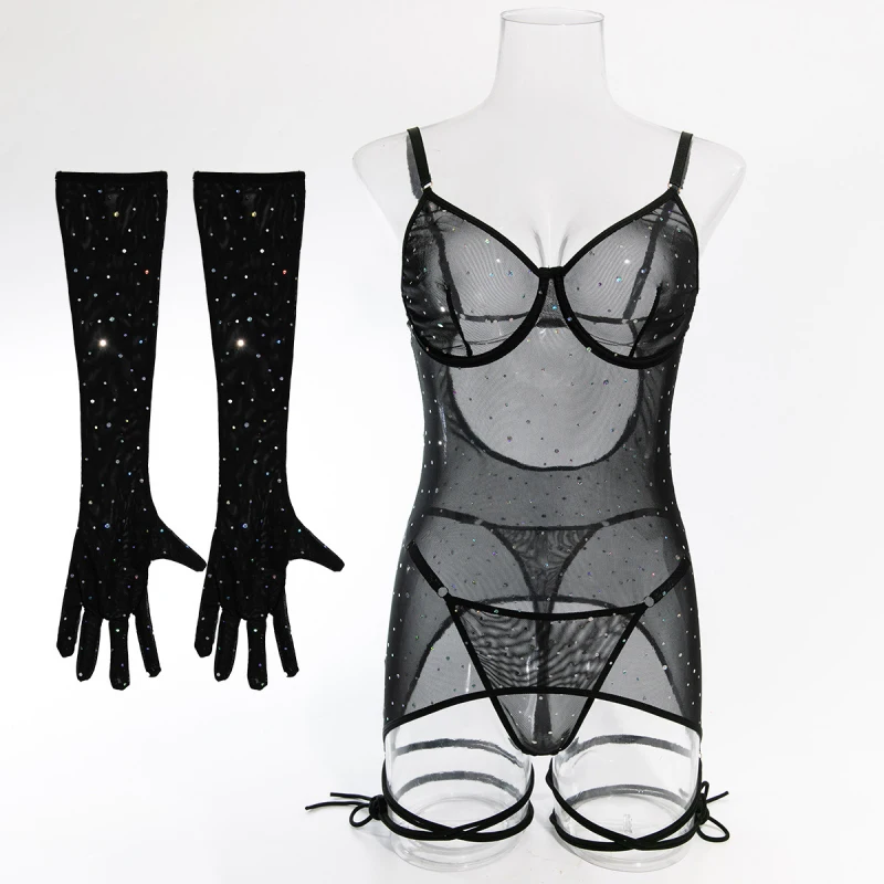 Bikini mesh sexy see-through one-piece lingerie hollow-out strap gloves set