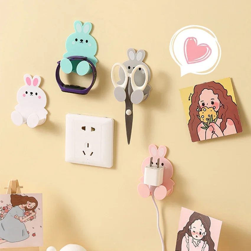 Cute rabbit plug key hook kitchen wall hole free hook living room phone charging rack multifunctional decorative hook