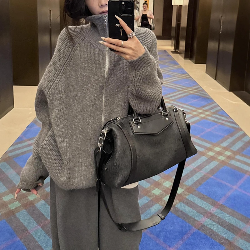 

Gray Lazy Turtleneck Sweater for Women, New Zipper Knitted Cardigan Coat for Autumn and Winter 2025, Early Autumn Outfit.