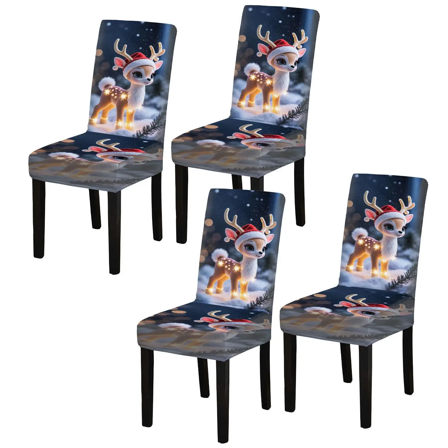 LANMOLIFE Christmas Dining Chair Covers Cute Cartoon Glowing Reindeer Design Spandex Furniture Protective Covers For Parties