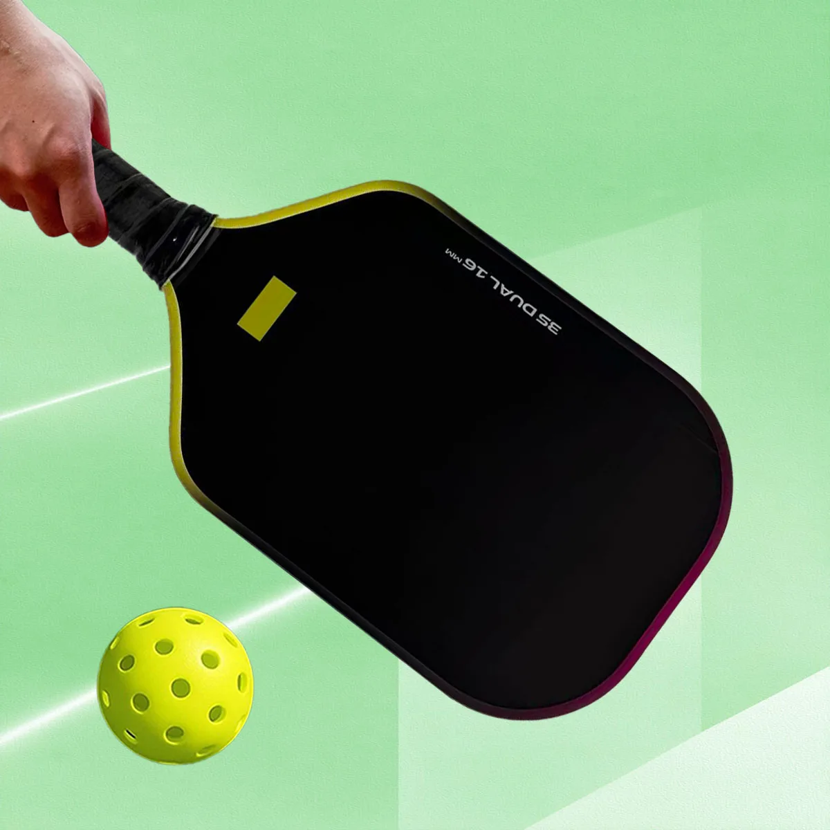 

Двойное весло для пиклбола Mag-3S — удлиненный дизайн, короткая ручка и желтый/розовый двухцветный край для одноручных задних рук