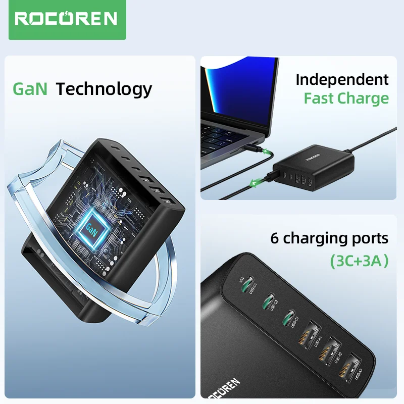 Rocoren 100W GaN Charger USB Type C  PD Fast Charger Quick Charge 4.0 3.0 Multiple Desktop Charging Station For iPhone 15 Xiaomi