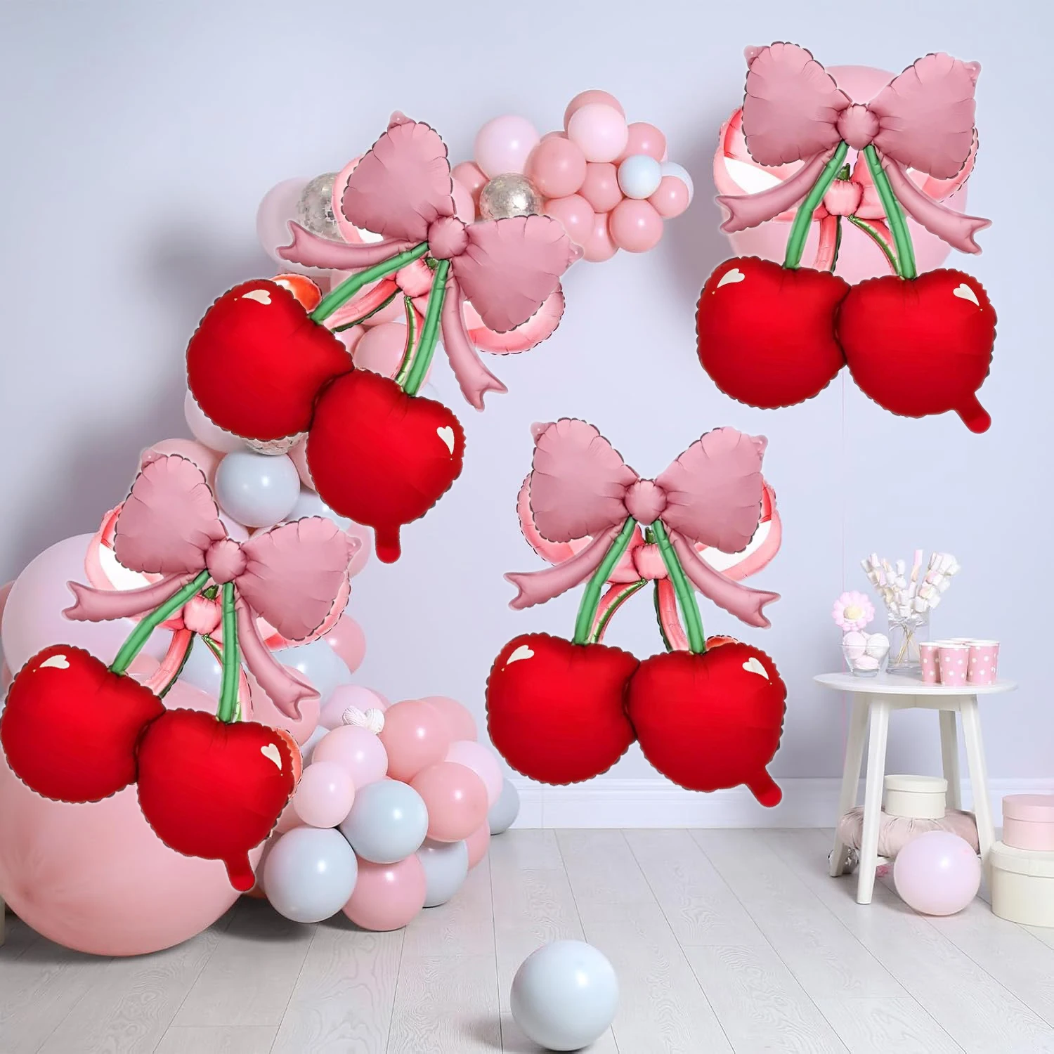 2PCS Pink Bow Red Cherry Balloons - 