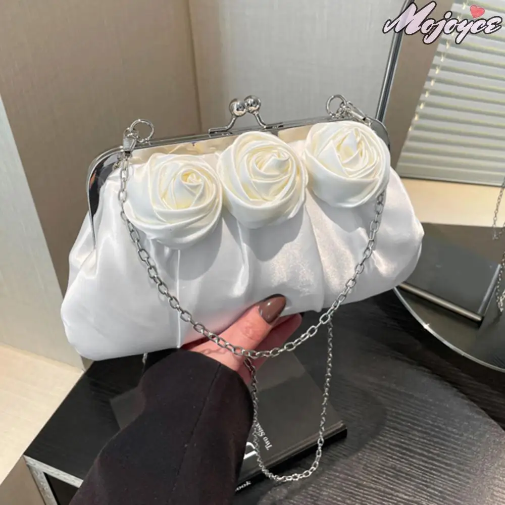 

Elegant Women's Evening Purse Satin Rose Chic Hobo Bag Flower Banquet Bag with Chain Large Capacity Wedding Party Dinner Handbag