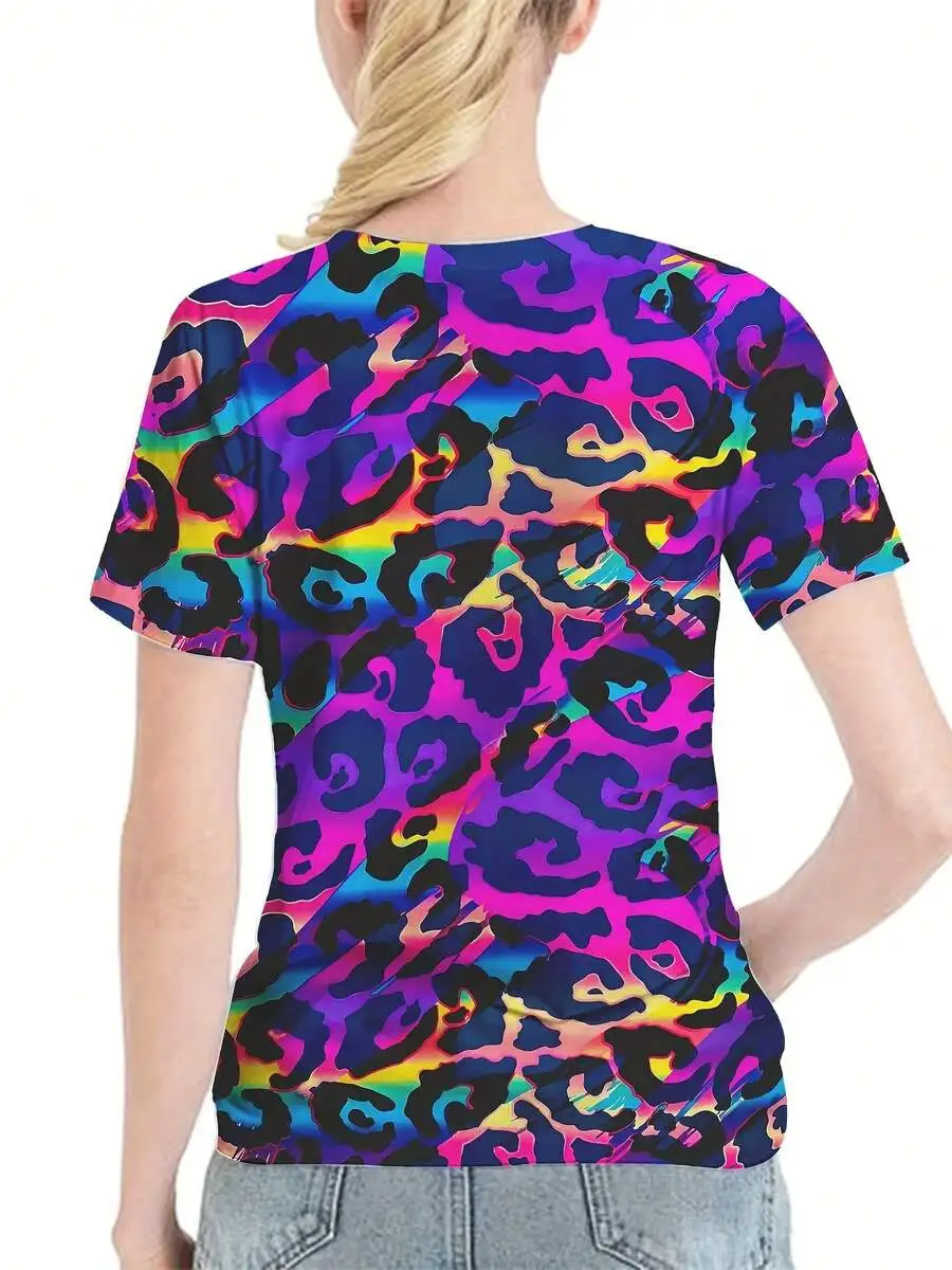 

Colorful Gradient Leopard Print 3D Printed T-Shirt Women Casual Round Neck Short Sleeve Spring Summer