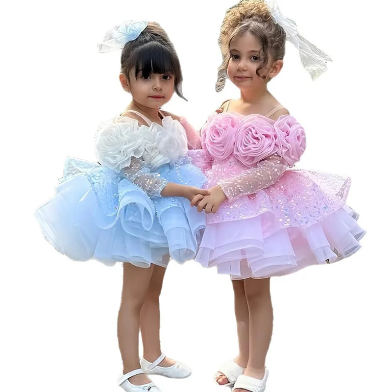 فساتين الأميرة تول مطرزة بالخرز على شكل زهرة فتاة فساتين المناولة الأولى هدية عيد الميلاد وحفلات الزفاف وأعياد الميلاد #5