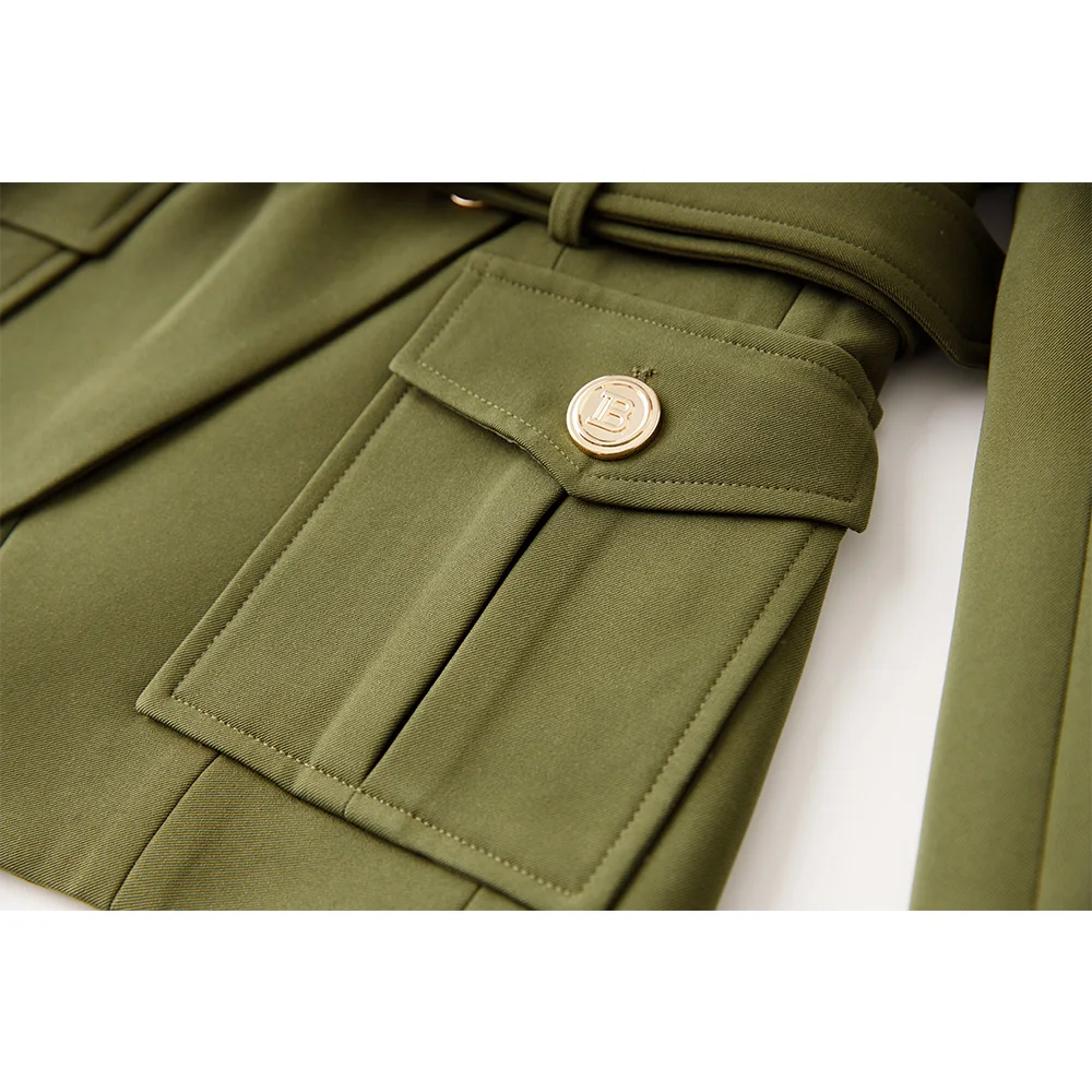 Spring Autumn Formal Work Lady Army Green Pockets Jackets with Metal Belt Super Shape Look Elegant Women Blazer