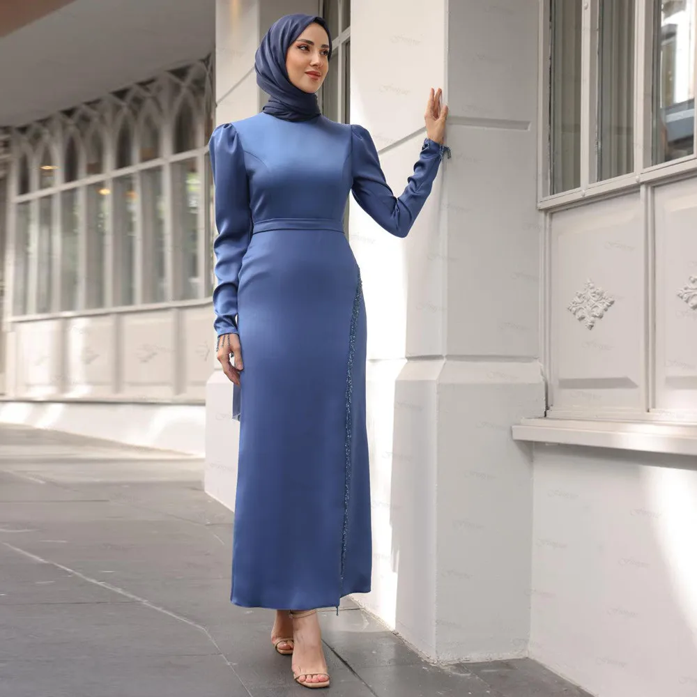

Ankle Length Muslim Arabic Evening Dress Full Sleeves Formal Occasion Dresses Long Satin Hijab Prom Gown Robes De Soirée
