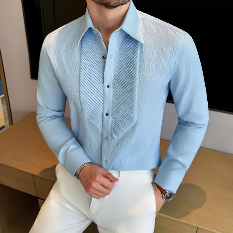 Men Dress Shirt Long Sleeve French Wing Collar 2025 Autumn Solid Color Casual White Black Shirt Fashion Social Banquet Tuxedo