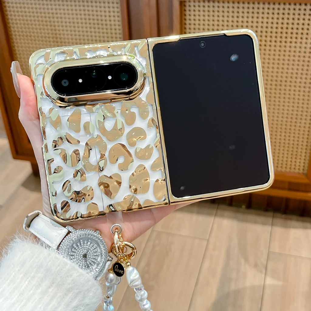 

Vintage Gold Leopard Print Transparent Pleated Texture With Pendant Shock Proof Phone Cover Case for Huawei Pura X Max