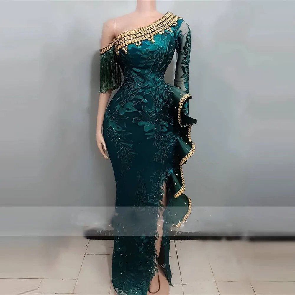 

Hunter Green Aso Ebi Mermaid Evening Dresses Side Split One Shoulder Ruffles Beading Plus Size Prom Dress African Party Gown