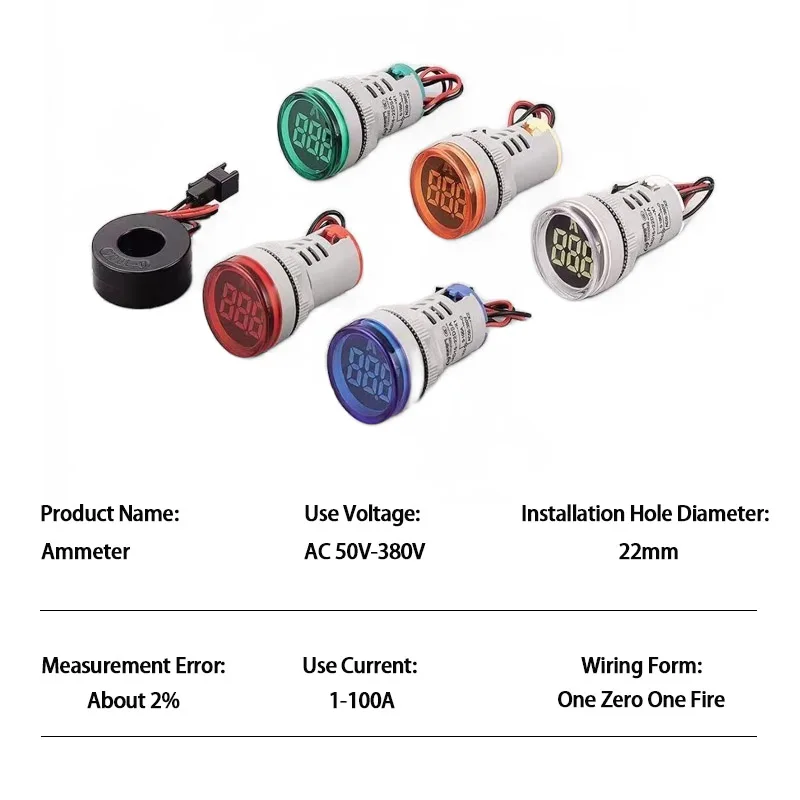 22mm AC50-380V 0-100A LED Digital Voltmeter Ammeter Thermometer Signal Indicator Light Volt Amp Hertz Tester Detector Lamp Pilot