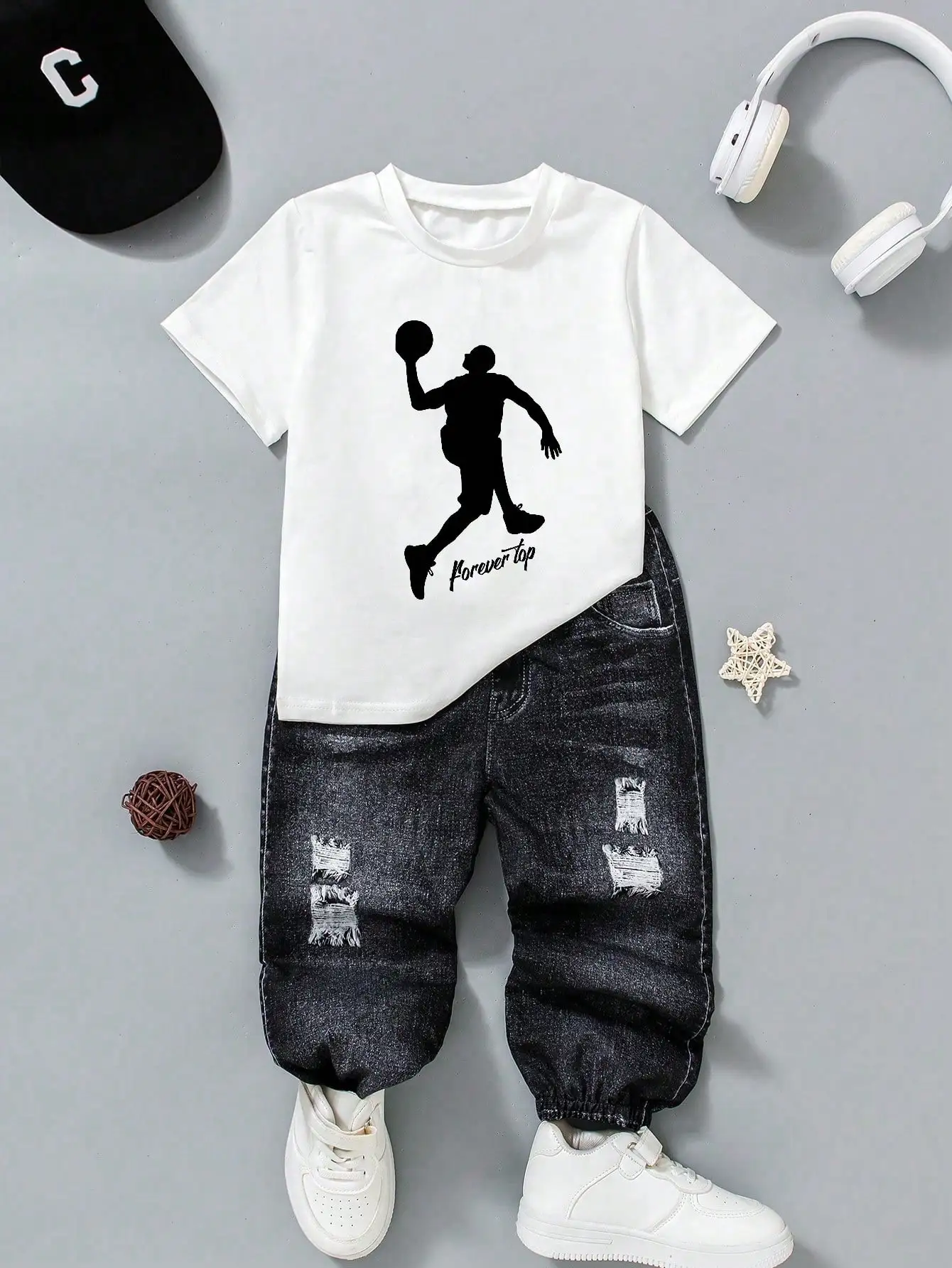 (143) Boys' Casual Street Fashion Printed Knit Pants Set, Suitable for Street Photography and Everyday Wear for Boys Aged 4-7