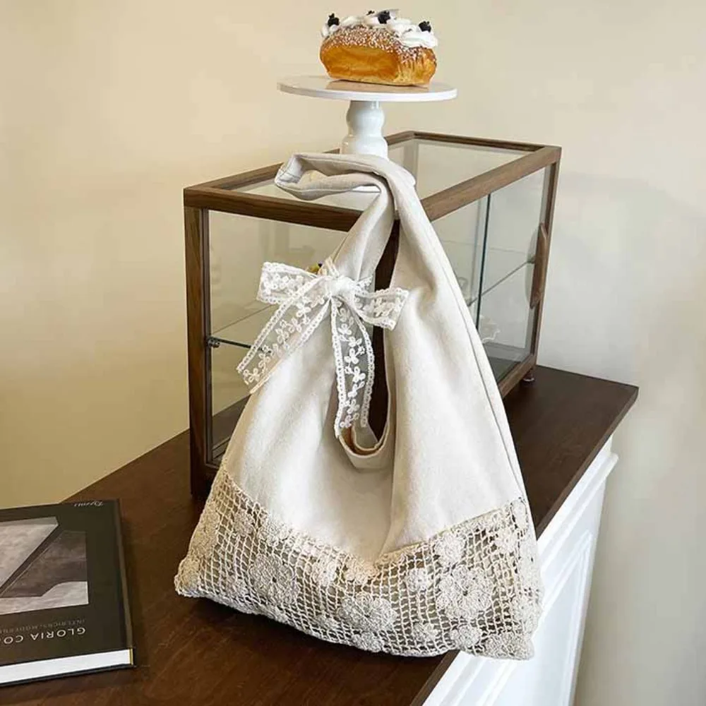 

with Lace Ribbon Solid Color Woven Bag Hollow Out Beach Handbag Flower Beach Bag Tote Bag Bohemian Style Hollow Shoulder Bag