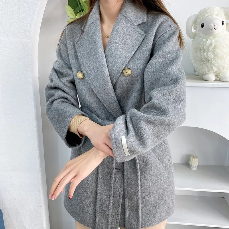 

Luxury 15% Real Rabbit Fur Hand Sewn Double-sided Cashmen Women Coats Australian Fur Coat for Women 101801 Lace Up Wool Coat