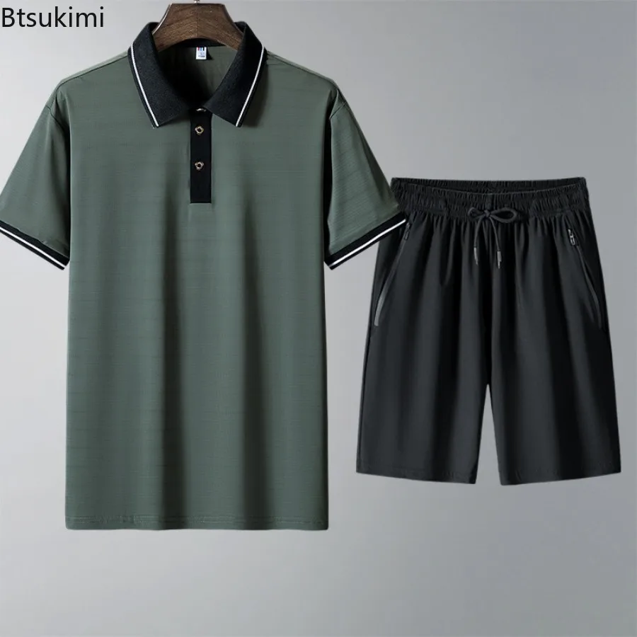 Fashion Contrast Color Polo Shirt Sets Men's Ice Silk Short Sleeve T-shirt+Shorts Casual Suits Men Summer Comfy Cool Tracksuits