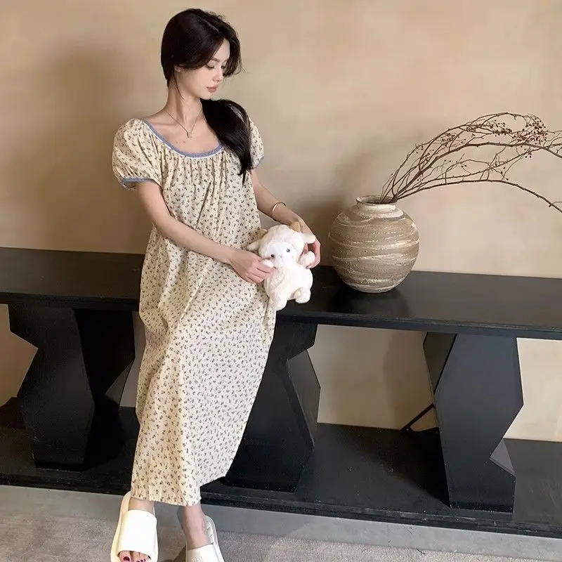 

Nightgowns Women Floral Printed Short-sleeve Loose Midi Night Dress Summer Sleepwear Korean Homewear Sweet Tender Age-reducing