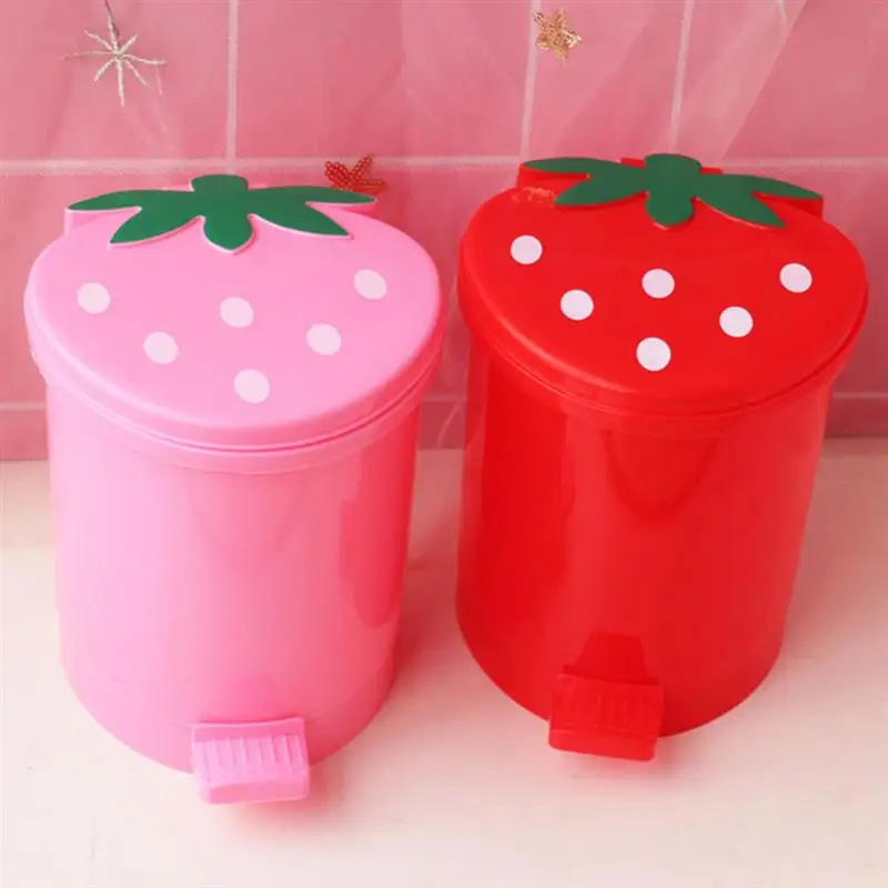 

1pc Cartoon Strawberry Trash Can Holder With Lid Equipped Wastebasket for Desktop Table Bin for Children Paper Container Garbage