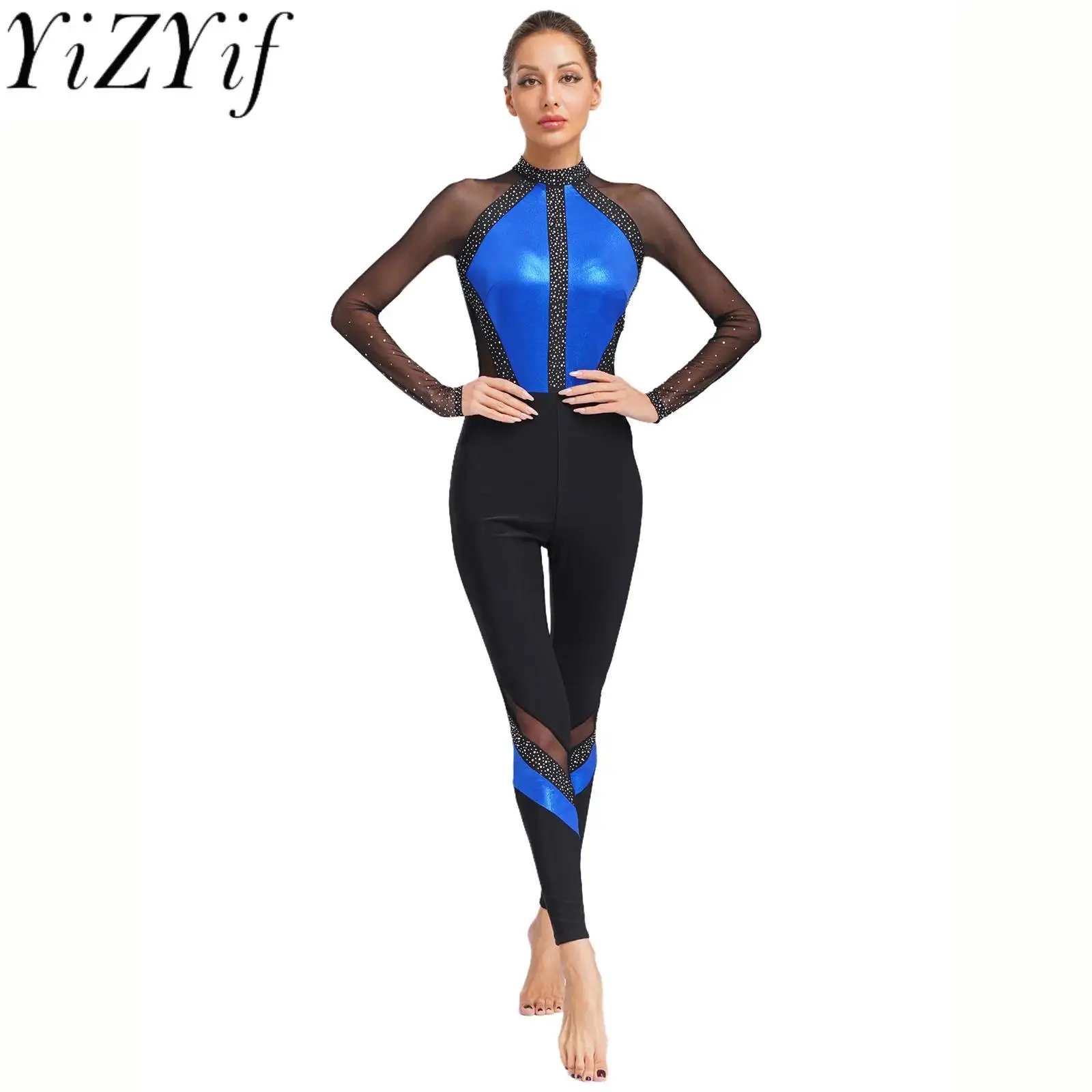 

Women Slim Fit Patchwork Ballet Waltz Gymnastics Dance Jumpsuit Sparkling Sheer Mesh Pencil Pant Figure Skating Dance Bodysuit