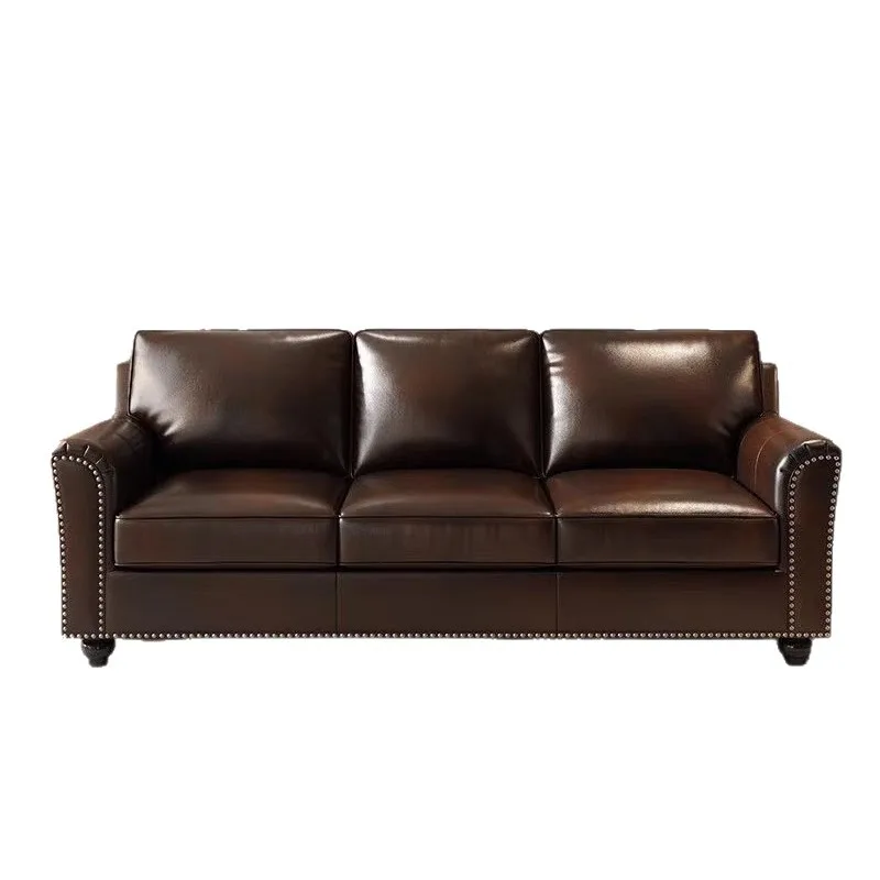 

American light luxury retro oil wax sofa, first layer cowhide large and small apartment straight row sofa
